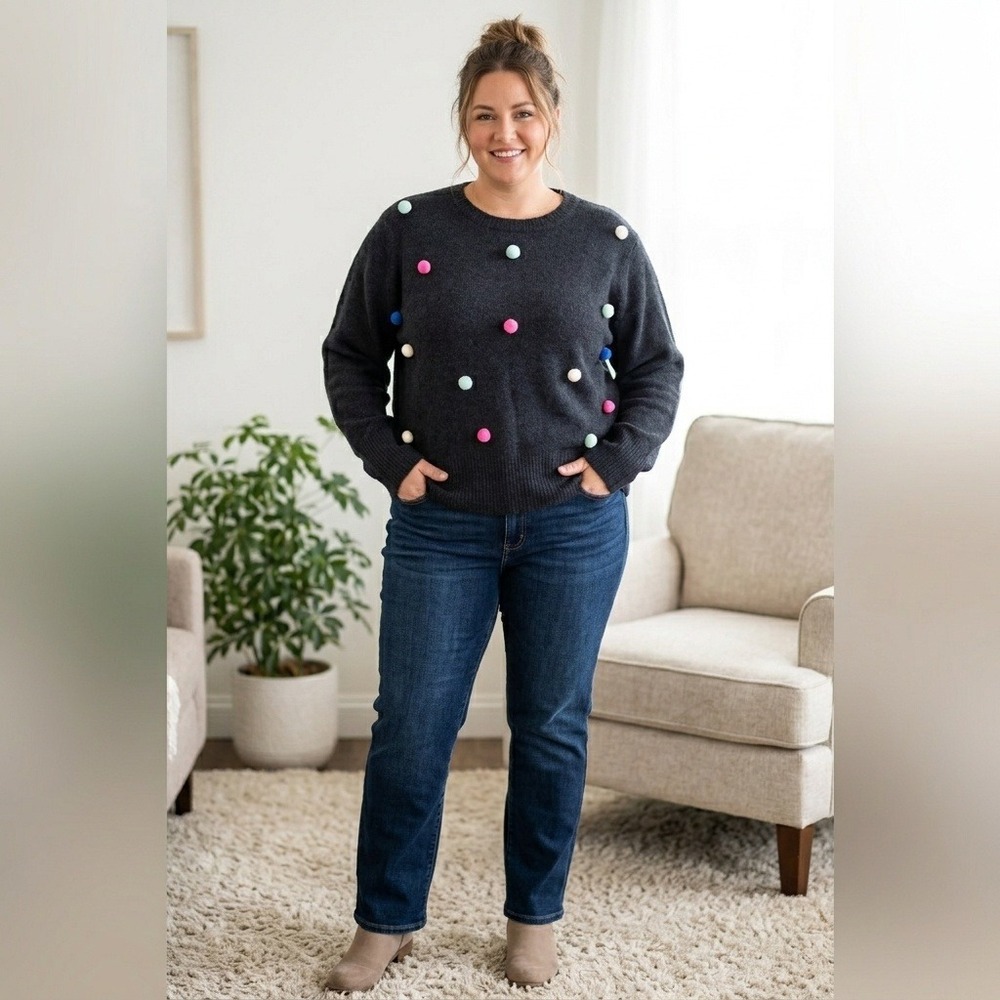 89th + Madison Womens XXL Charcoal Gray Pom Pom Embellished Pullover Sweater